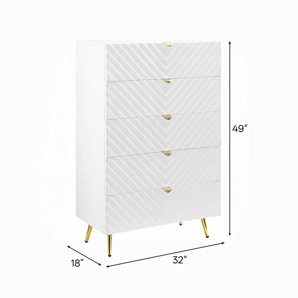 Acme 5 Drawers Dresser with Gold Legs in White for Bedroom - ER-0238WH