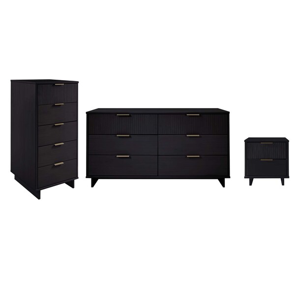 Manhattan Comfort Granville Black 5-Drawer Tall Dresser, 6-Drawer Double Dresser, and 2-Drawer Nightstand, Set of 3 - GRAN072