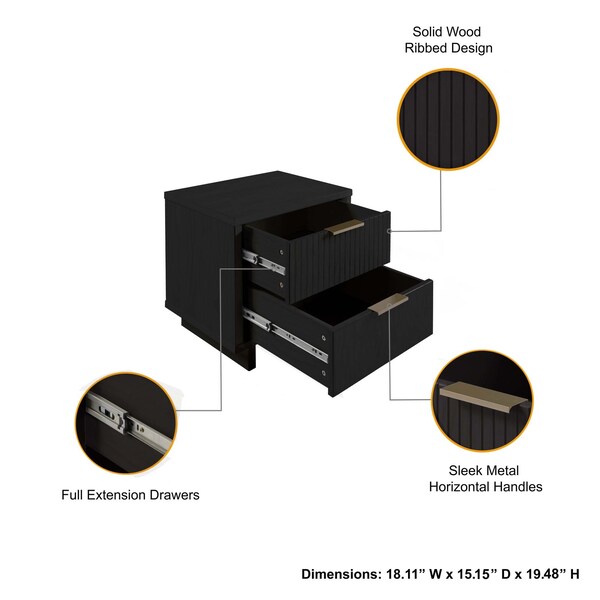 Manhattan Comfort Granville Black 5-Drawer Tall Dresser, 6-Drawer Double Dresser, and 2-Drawer Nightstand, Set of 3 - GRAN072