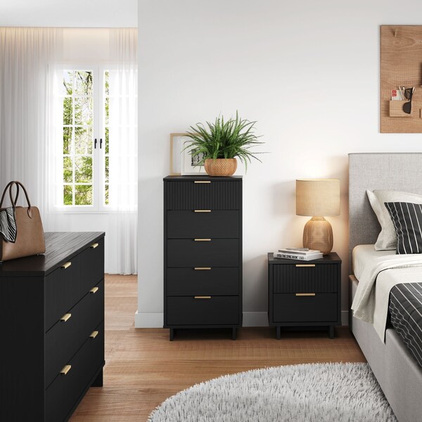 Manhattan Comfort Granville Black 5-Drawer Tall Dresser, 6-Drawer Double Dresser, and 2-Drawer Nightstand, Set of 3 - GRAN072