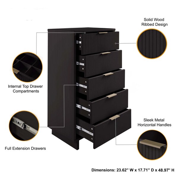 Manhattan Comfort Granville Black 5-Drawer Tall Dresser, 6-Drawer Double Dresser, and 2-Drawer Nightstand, Set of 3 - GRAN072