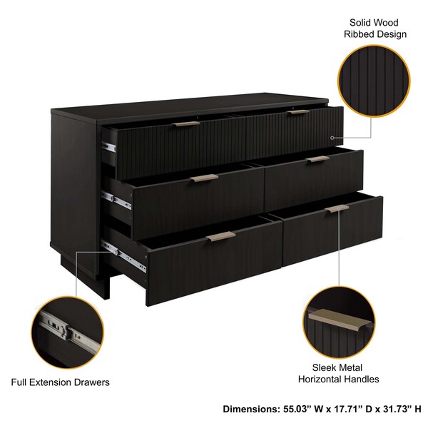Manhattan Comfort Granville Black 5-Drawer Tall Dresser, 6-Drawer Double Dresser, and 2-Drawer Nightstand, Set of 3 - GRAN072