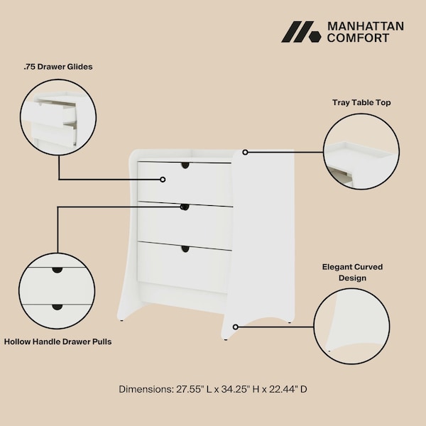 Manhattan Comfort Coney 3-Piece Dresser and 2 Nightstands in White - 188GMC1