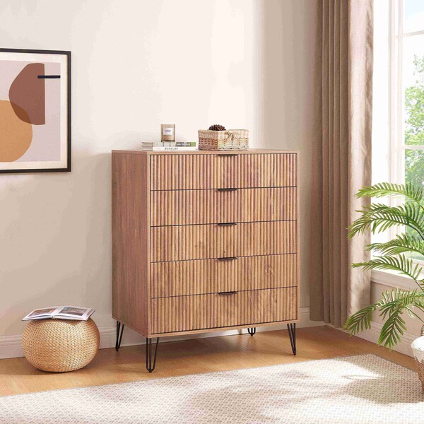 Manhattan Comfort DUMBO 5-Drawer Tall Dresser in Golden Brown - DR002-GB