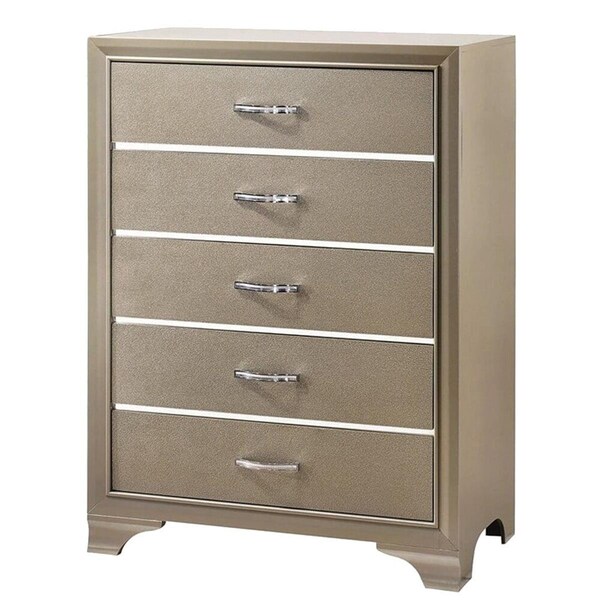 Benjara Five Drawer Wooden Chest with Polished Metallic Pulls - Champagne Gold - 47.5 x 16.5 x 33.8 in. - BM215532
