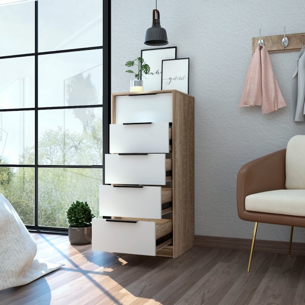 Tuhome Kaia 5 Drawer Dresser, Vertical Dresser, White/Pine - CBC4764