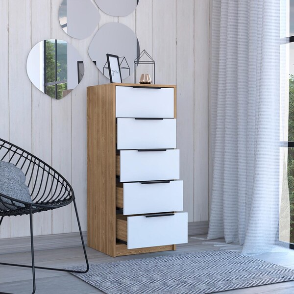 Tuhome Kaia 5 Drawer Dresser, Vertical Dresser, White/Pine - CBC4764