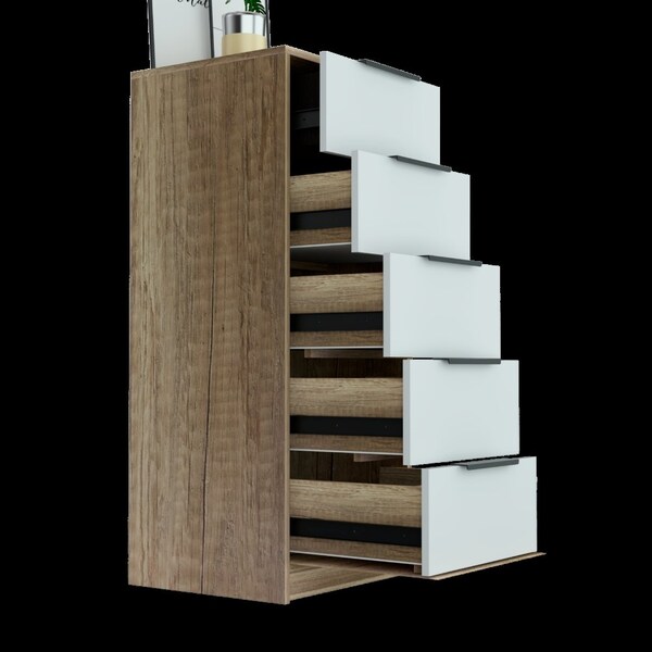 Tuhome Kaia 5 Drawer Dresser, Vertical Dresser, White/Pine - CBC4764