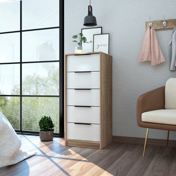 Tuhome Kaia 5 Drawer Dresser, Vertical Dresser, White/Pine - CBC4764