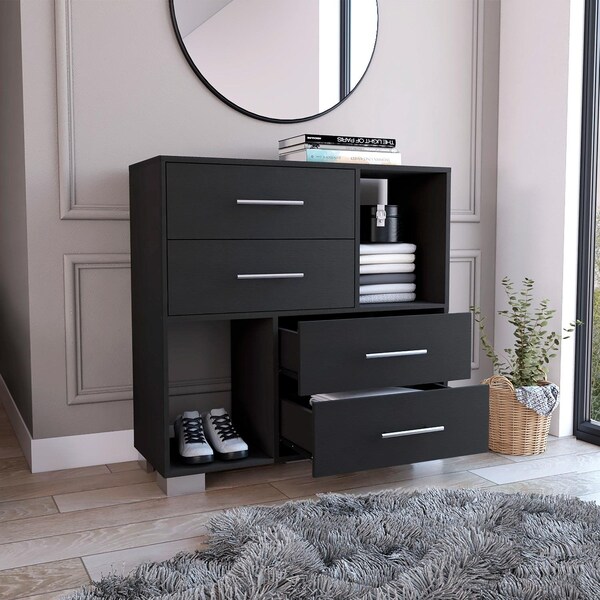 Tuhome Krista Dresser, Two Open Shelves, Four Drawers, Black - CLW7158