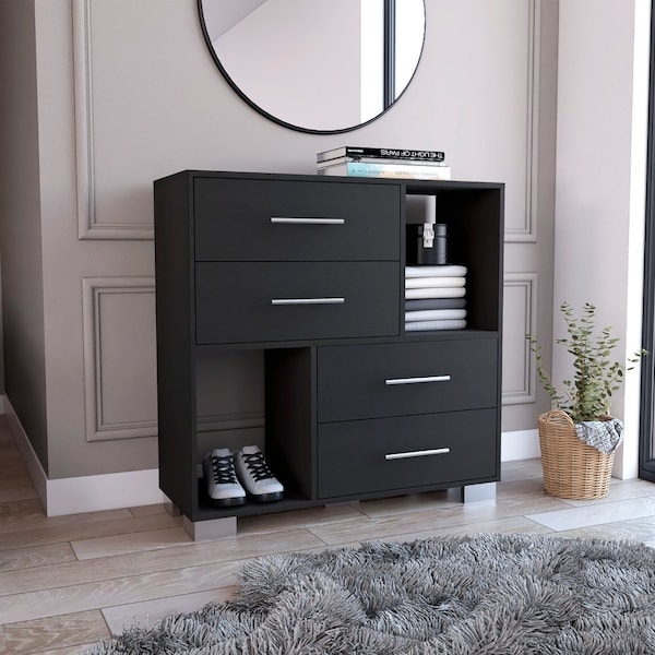 Tuhome Krista Dresser, Two Open Shelves, Four Drawers, Black - CLW7158