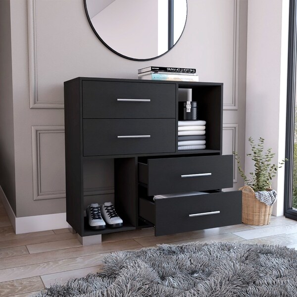 Tuhome Krista Dresser, Two Open Shelves, Four Drawers, Black - CLW7158