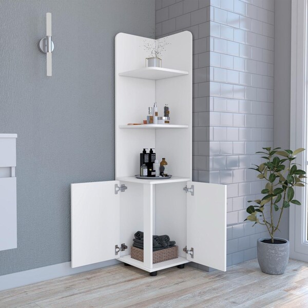 Tuhome Malibu Freestanding Linen Cabinet, 2-Doors, Open Shelves, White - MLB8979