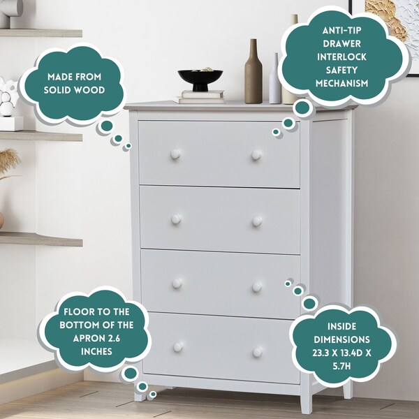 International Concepts Solid Wood Bedroom Dresser/Chest with 4 Drawers, White - BD08-8004