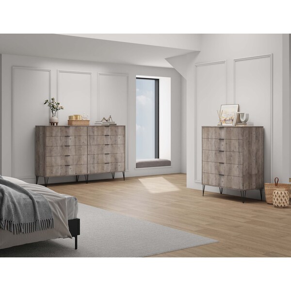 Manhattan Comfort 2-Piece DUMBO  5-Drawer Tall Dresser and DUMBO 10-Drawer Double Tall Dresser in Rustic Grey - 2-DB04-GY