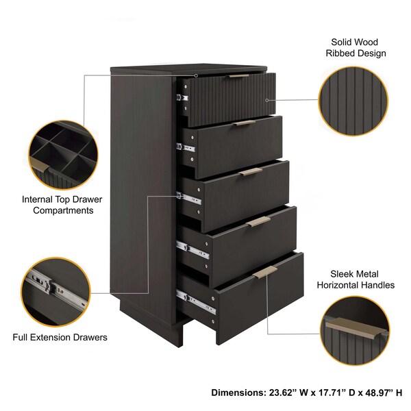 Manhattan Comfort Granville Dark Grey 5-Drawer Tall Dresser, 3-Drawer Standard Dresser and 6-Drawer Double Dresser - GRAN035