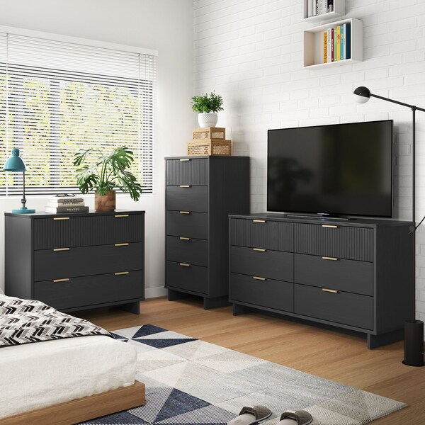 Manhattan Comfort Granville Dark Grey 5-Drawer Tall Dresser, 3-Drawer Standard Dresser and 6-Drawer Double Dresser - GRAN035