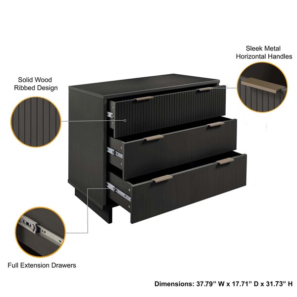 Manhattan Comfort Granville Dark Grey 5-Drawer Tall Dresser, 3-Drawer Standard Dresser and 6-Drawer Double Dresser - GRAN035