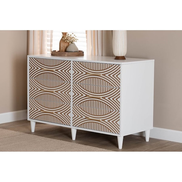 Baxton Studio Louetta Coastal White Carved Contrasting 6-Drawer Dresser - 246-13625-ZORO