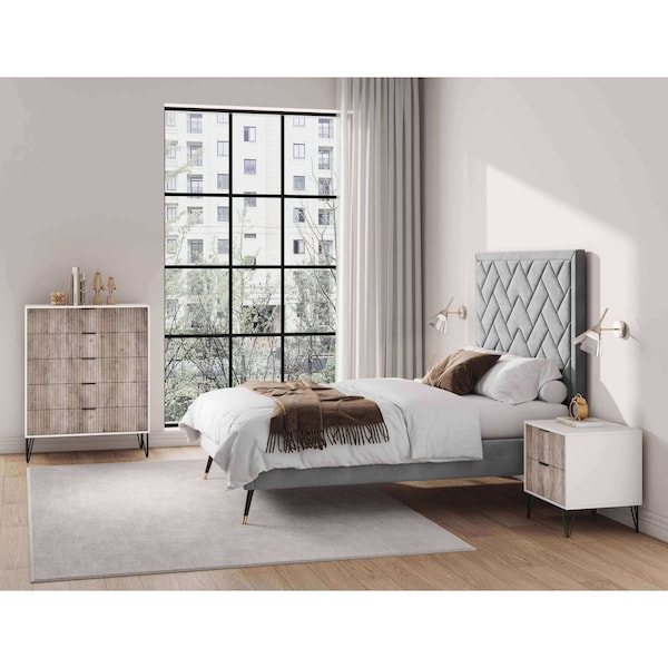 Manhattan Comfort 2-Piece DUMBO  5-Drawer Tall Dresser and DUMBO Nightstand 2.0 in White and Grey - 2-DB06-WG