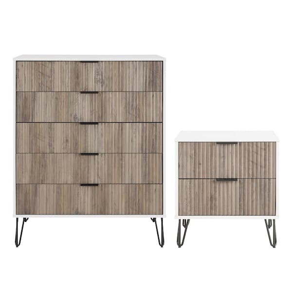 Manhattan Comfort 2-Piece DUMBO  5-Drawer Tall Dresser and DUMBO Nightstand 2.0 in White and Grey - 2-DB06-WG