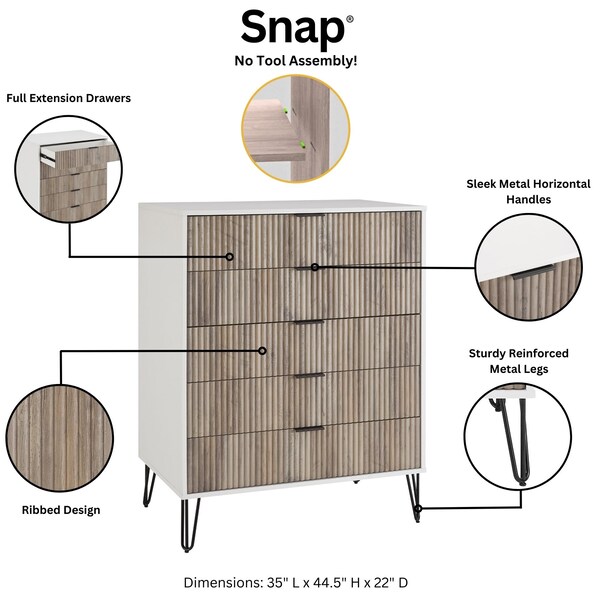 Manhattan Comfort 2-Piece DUMBO  5-Drawer Tall Dresser and DUMBO Nightstand 2.0 in White and Grey - 2-DB06-WG