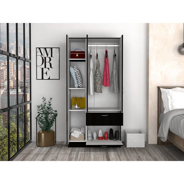 Tuhome Primavera Armoire, Double Door Cabinets, One Drawer, Metal Rod, Five Shelves, Black/White - CLW5952