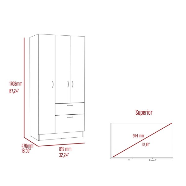 Tuhome Primavera Armoire, Double Door Cabinets, One Drawer, Metal Rod, Five Shelves, Black/White - CLW5952