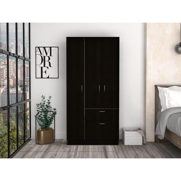 Tuhome Primavera Armoire, Double Door Cabinets, One Drawer, Metal Rod, Five Shelves, Black/White - CLW5952