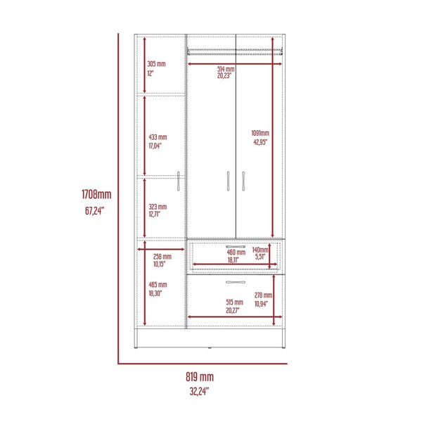 Tuhome Primavera Armoire, Double Door Cabinets, One Drawer, Metal Rod, Five Shelves, Black/White - CLW5952