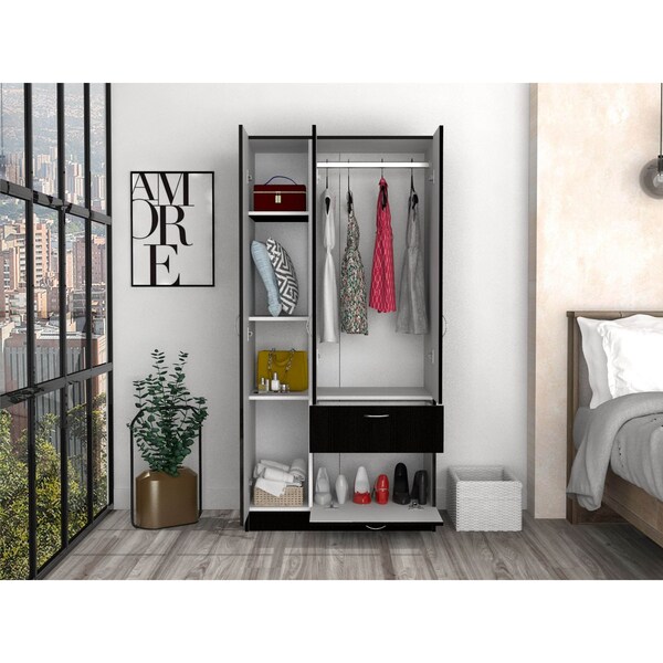 Tuhome Primavera Armoire, Double Door Cabinets, One Drawer, Metal Rod, Five Shelves, Black/White - CLW5952