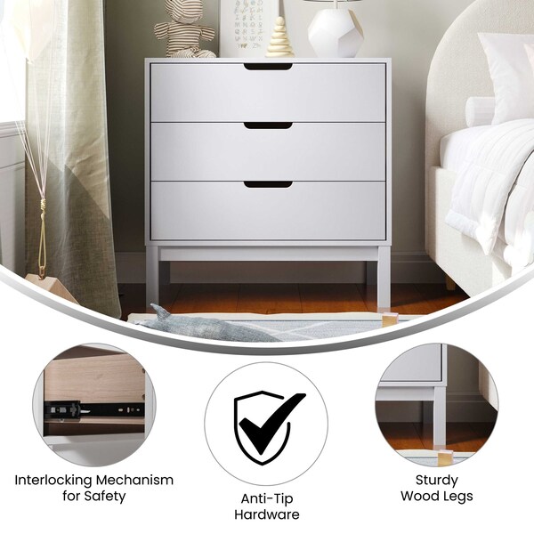 Flash Furniture Dallas Wooden 3-Drawer Dresser for Bedroom, Chest of Drawers for Kids in White - MG-9007-1-3C-WH-GG