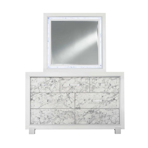 Gfancy Fixtures Modern Dresser with 7 Faux Marble Detailed Front Drawer, White - GF3661213