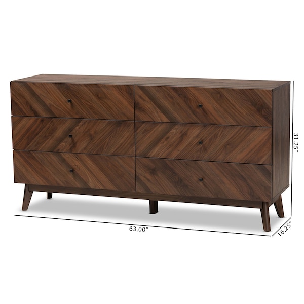 Baxton Studio Hartman Mid-Century Walnut Brown Finished Wood 6-Drawer Dresser - 193-11722-ZORO
