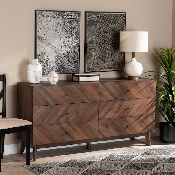 Baxton Studio Hartman Mid-Century Walnut Brown Finished Wood 6-Drawer Dresser - 193-11722-ZORO