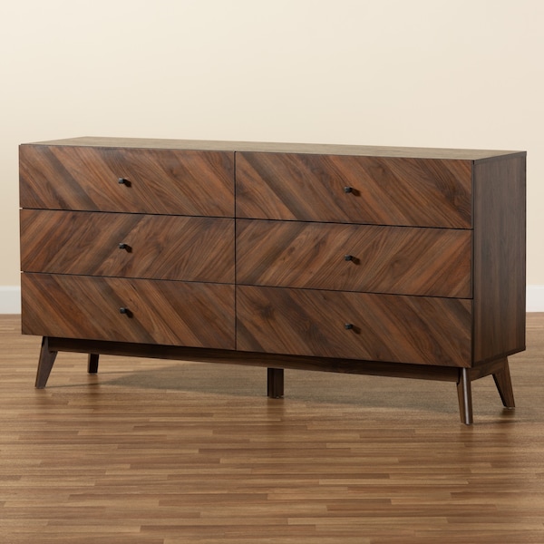 Baxton Studio Hartman Mid-Century Walnut Brown Finished Wood 6-Drawer Dresser - 193-11722-ZORO