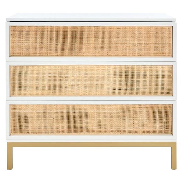 Safavieh Zadie 3 Drawer Chest - White Frame; Natural Rattan & Gold Legs - CHS5004B