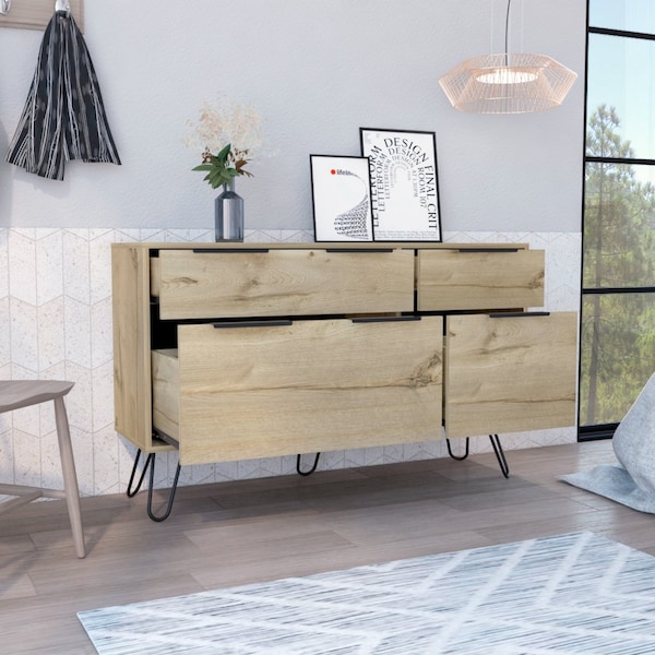 Tuhome Augusta Double Dresser, Superior Top, Hairpin Legs, Four Drawers, Light Oak - CLD7039
