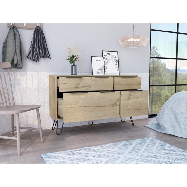 Tuhome Augusta Double Dresser, Superior Top, Hairpin Legs, Four Drawers, Light Oak - CLD7039