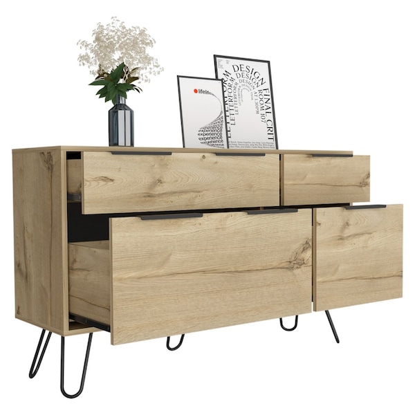 Tuhome Augusta Double Dresser, Superior Top, Hairpin Legs, Four Drawers, Light Oak - CLD7039