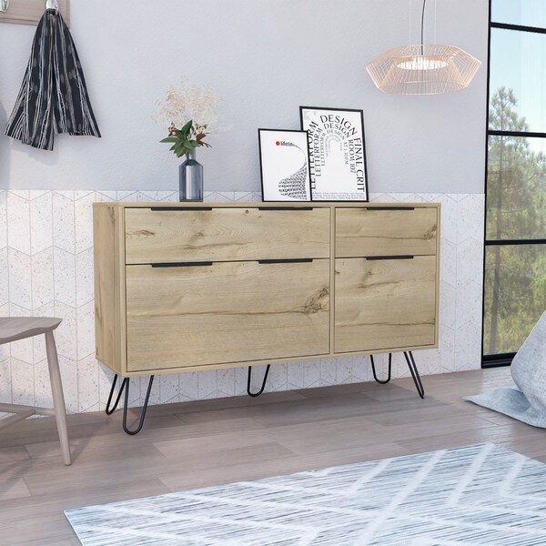 Tuhome Augusta Double Dresser, Superior Top, Hairpin Legs, Four Drawers, Light Oak - CLD7039
