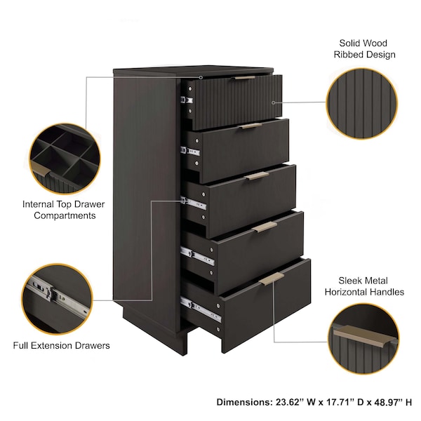 Manhattan Comfort Granville Dark Grey 5-Drawer Tall Dresser, 3-Drawer Standard Dresser and 2-Drawer Nightstand - GRAN055