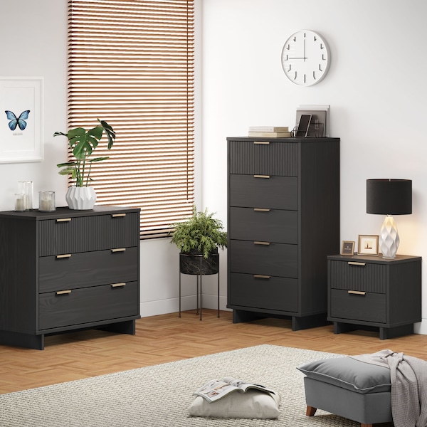Manhattan Comfort Granville Dark Grey 5-Drawer Tall Dresser, 3-Drawer Standard Dresser and 2-Drawer Nightstand - GRAN055