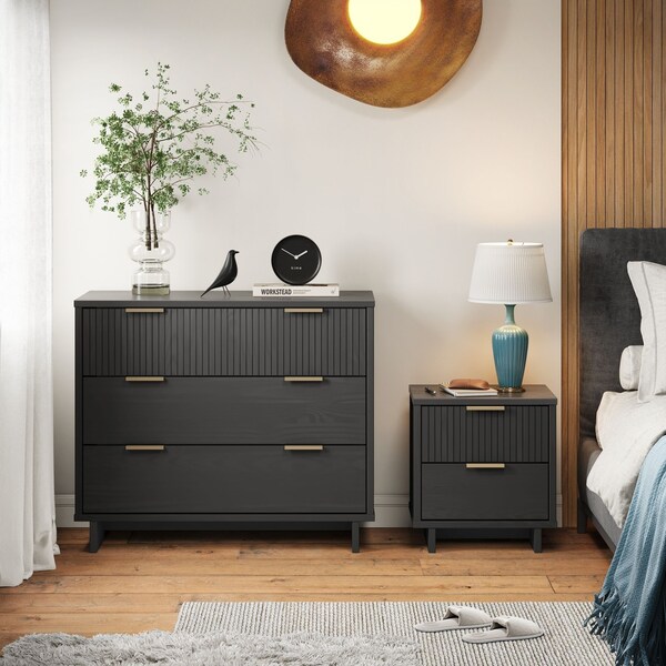 Manhattan Comfort Granville Dark Grey 3-Drawer Dresser and 2-Drawer Nightstand, Set of 2 - GRAN045