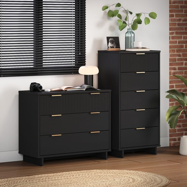 Manhattan Comfort Granville Black 5-Drawer Tall Dresser and 3-Drawer Standard Dresser, Set of 2 - GRAN012