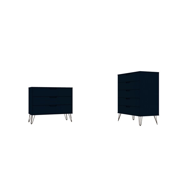 Manhattan Comfort Rockefeller Tall 5-Drawer Dresser and Standard 3-Drawer Dresser in Tatiana Midnight Blue - 180GMC4