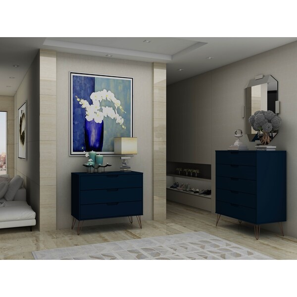 Manhattan Comfort Rockefeller Tall 5-Drawer Dresser and Standard 3-Drawer Dresser in Tatiana Midnight Blue - 180GMC4