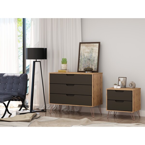 Manhattan Comfort Rockefeller Dresser and Nightstand Set, Nature and Textured Grey - 104GMC7