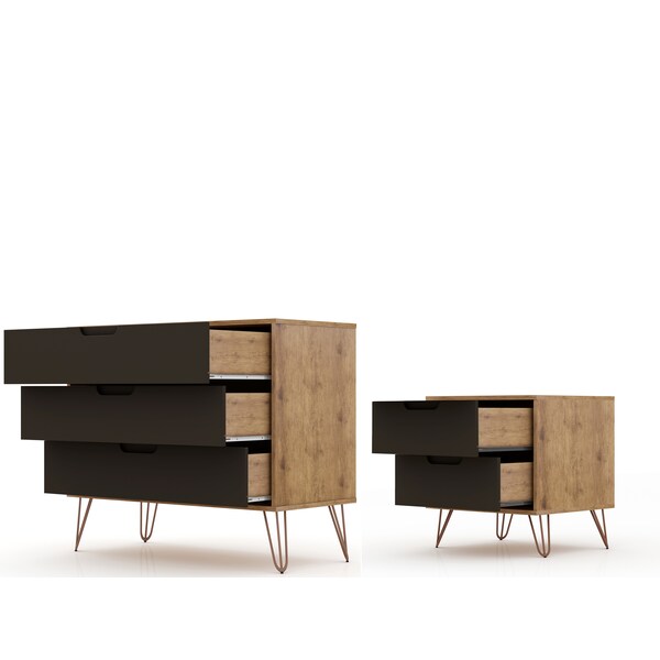 Manhattan Comfort Rockefeller Dresser and Nightstand Set, Nature and Textured Grey - 104GMC7