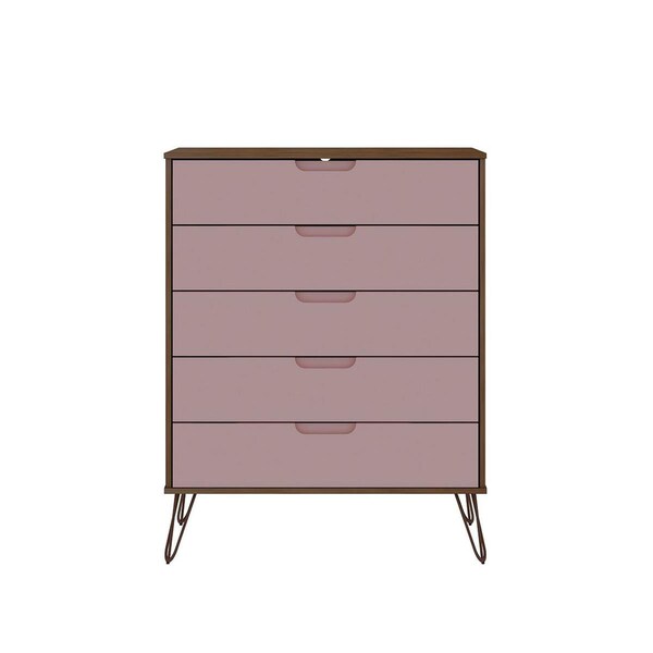 Designed To Furnish Rockefeller 5-Drawer Tall Dresser with Metal Legs in Nature & Rose Pink, 44.57 x 35.31 x 21.57 in. - DE2616367